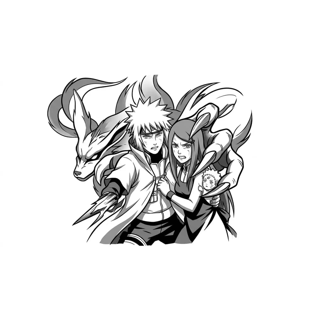 Тату эскиз: Ayudate de estas tres imagenes para hacer un boceto mucho mejor y que se asemeje al anime de naruto Pero naruto de bebe y kurama clava con su garra por la espalda a minato y kushina frente a minato estan pegado los dos cuanfo kurama los atviesa y el boceto en blanco y negro