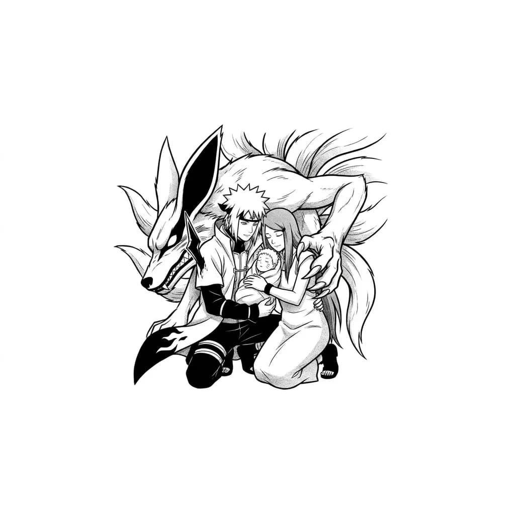Тату эскиз: Ayudate de estas tres imagenes para hacer un boceto mucho mejor y que se asemeje al anime de naruto Pero naruto de bebe y kurama clava con su garra por la espalda a minato y kushina frente a minato estan pegado los dos cuanfo kurama los atviesa y el boceto en blanco y negro, como en el anime