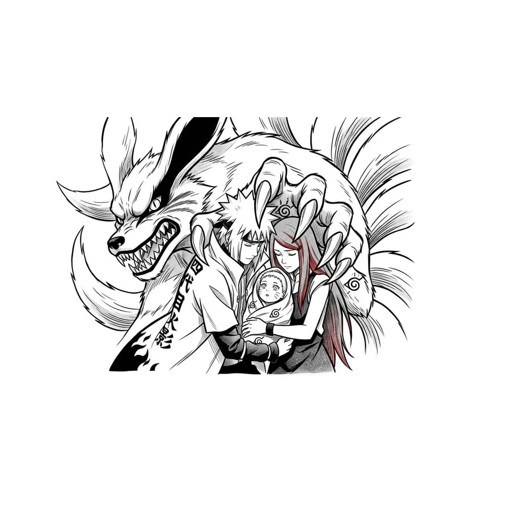 Тату эскиз: Ayudate de estas tres imagenes para hacer un boceto mucho mejor y que se asemeje al anime de naruto Pero naruto de bebe y kurama clava con su garra por la espalda a minato y kushina frente a minato estan pegado los dos cuanfo kurama los atviesa y el boceto en blanco y negro, como en el anime, gandre
