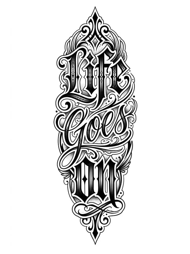 Тату эскиз: Tatuaje de Life Goes on en lettering detrás de la oreja en forma vertical con diseños y que sea de hombre