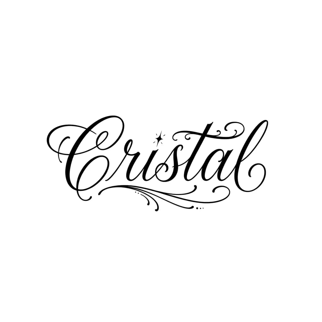 Тату эскиз: tattoo design of the word “Cristal” in elegant script lettering, fine line calligraphy style, smooth flowing curves, slightly italic handwritten script, feminine but strong aesthetic, high-end tattoo stencil design, subtle ink texture, black ink only, high contrast, clean edges, balanced composition, centered typography, professional tattoo artist style, minimal background, focus on readability and artistic flow