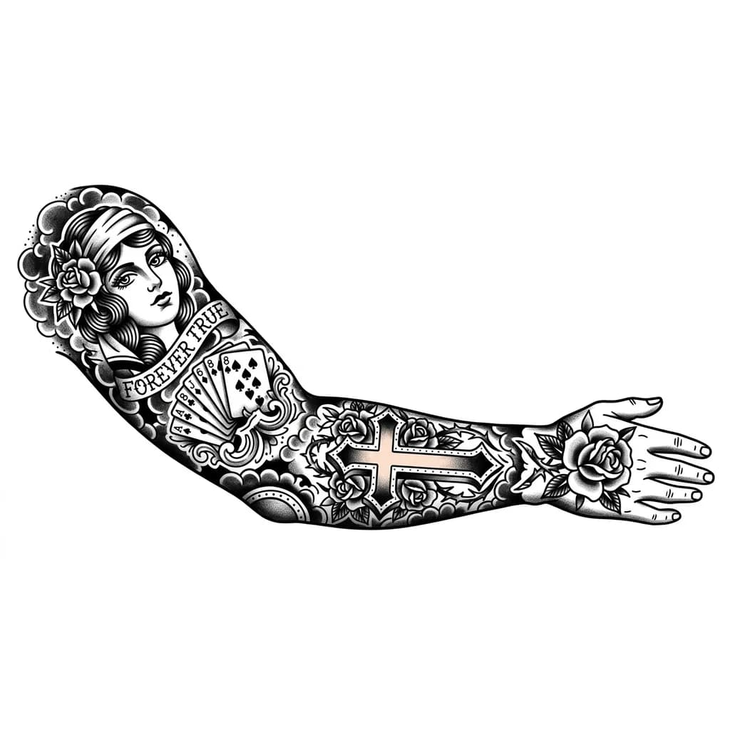 Тату эскиз:     Hombro: rostro de mujer (tipo carta)
* Bíceps: cartas (póker)
* Antebrazo: cruz con piel en el centro
* Mano: rosa sola
* Fondo: sombras + humo