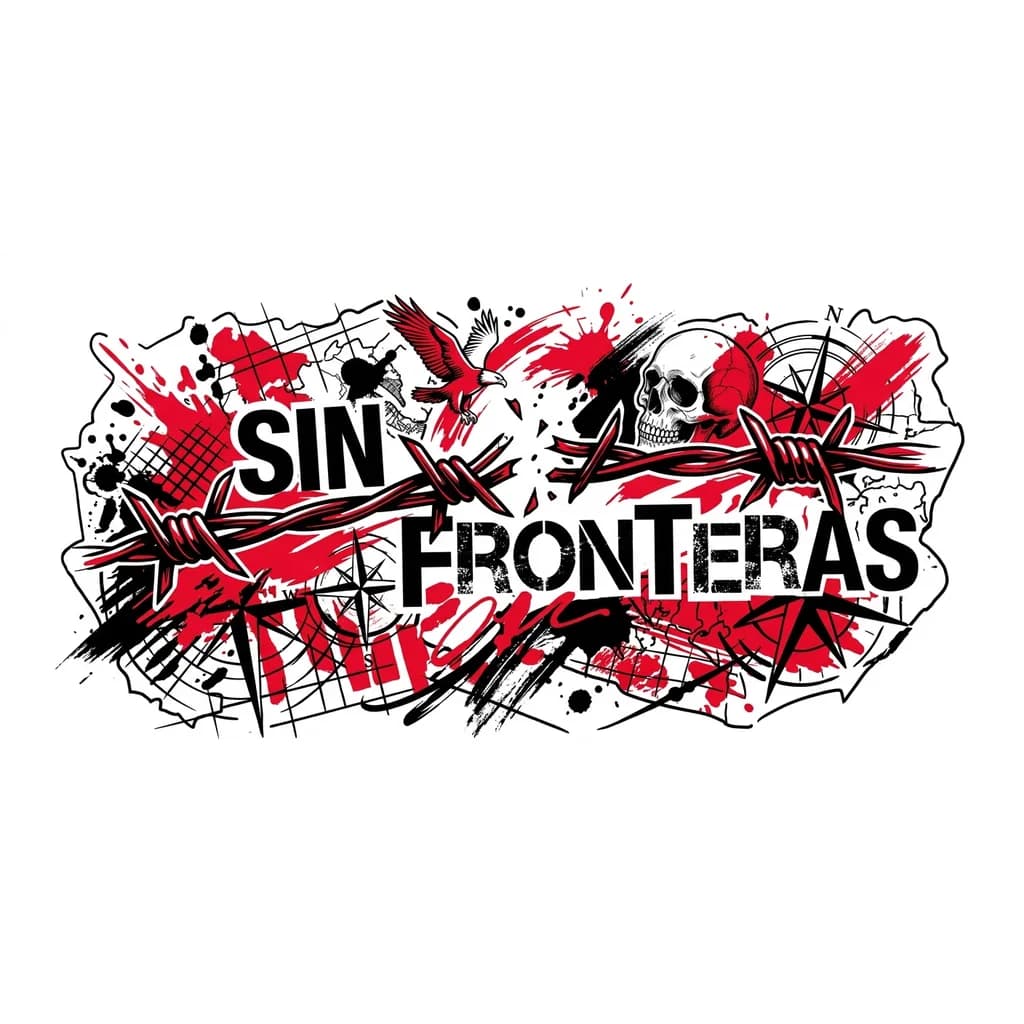 Тату эскиз: Quiero hacerme encima de la rodilla un tatuaje de un alambre de espino rojo y negro roto por las palabras "SIN FRONTERAS"