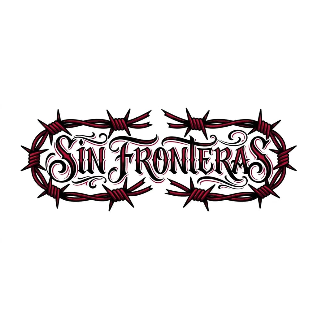 Тату эскиз: Quiero hacerme encima de la rodilla un tatuaje de un alambre de espino rojo y negro roto por las palabras "SIN FRONTERAS"