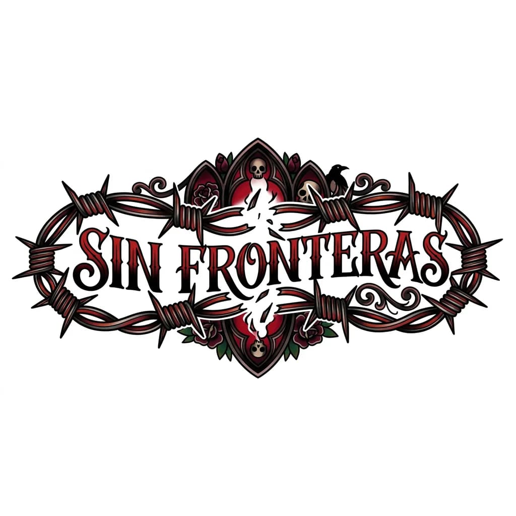 Тату эскиз: Quiero hacerme encima de la rodilla un tatuaje de un alambre de espino rojo y negro roto por las palabras "SIN FRONTERAS"