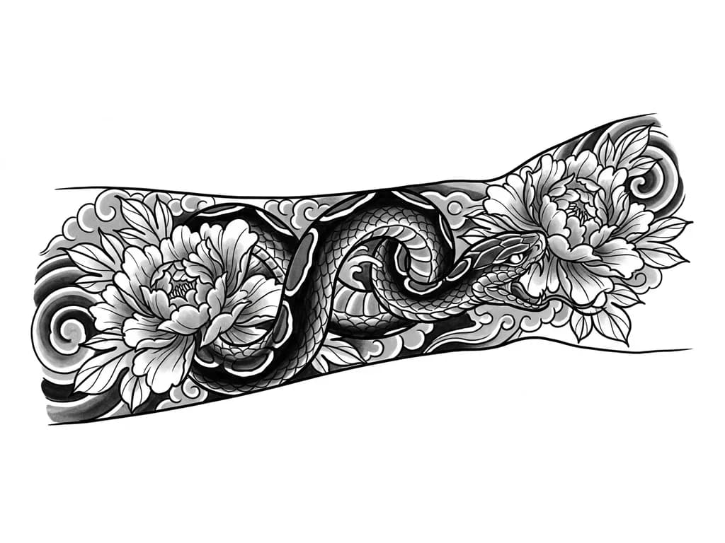 Тату эскиз: Quiero un cover Up estilo japonés en la muñeca tengo una llave de sol con ritmo Cardiaco en la muñeca y quiero taparlo completo, me gustaría una serpiente japonesa con peonias grandes, usando sombras para que no se vea nada y puede subir un poco el tatuaje mientras se vea fluido 