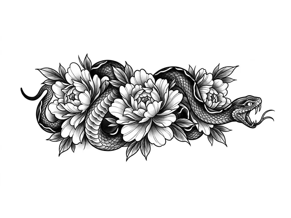 Тату эскиз: Quiero un cover Up estilo japonés en la muñeca del antebrazo tengo una llave de sol con ritmo Cardiaco en la muñeca y quiero taparlo completo, me gustaría una serpiente japonesa con peonias grandes, usando sombras para que no se vea nada y puede subir un poco el tatuaje mientras se vea fluido 