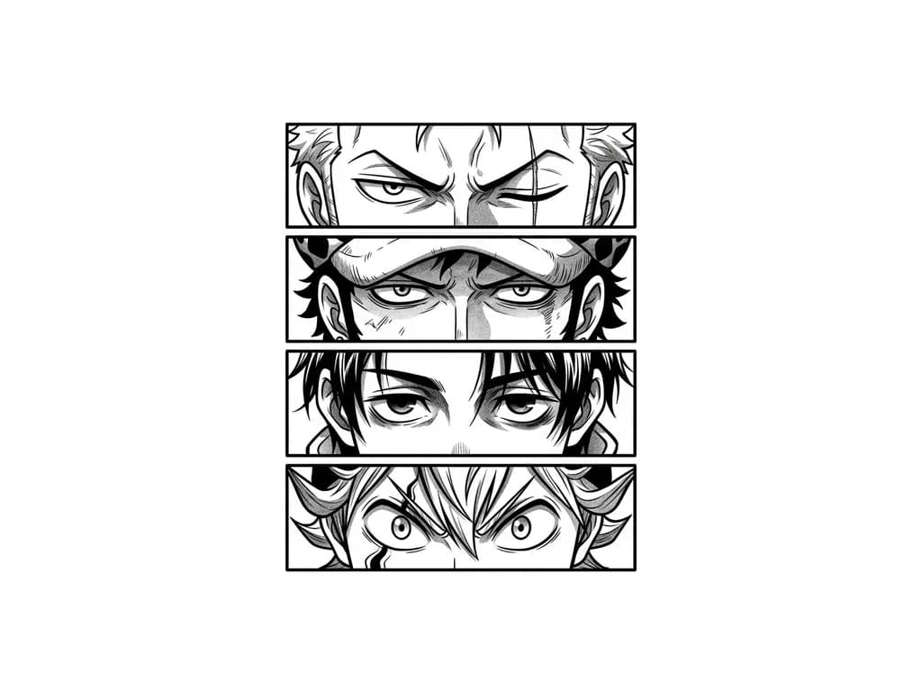 Тату эскиз: Haz una especie de 4 ventanas en forma rectangular y que dentro de cada ventana que aparezca en una los ojos de zoro de one piece en otra los de  trafalgar d water low de one piece, en otra los de yuta de jjk, y en la ultima los de asta de black clover