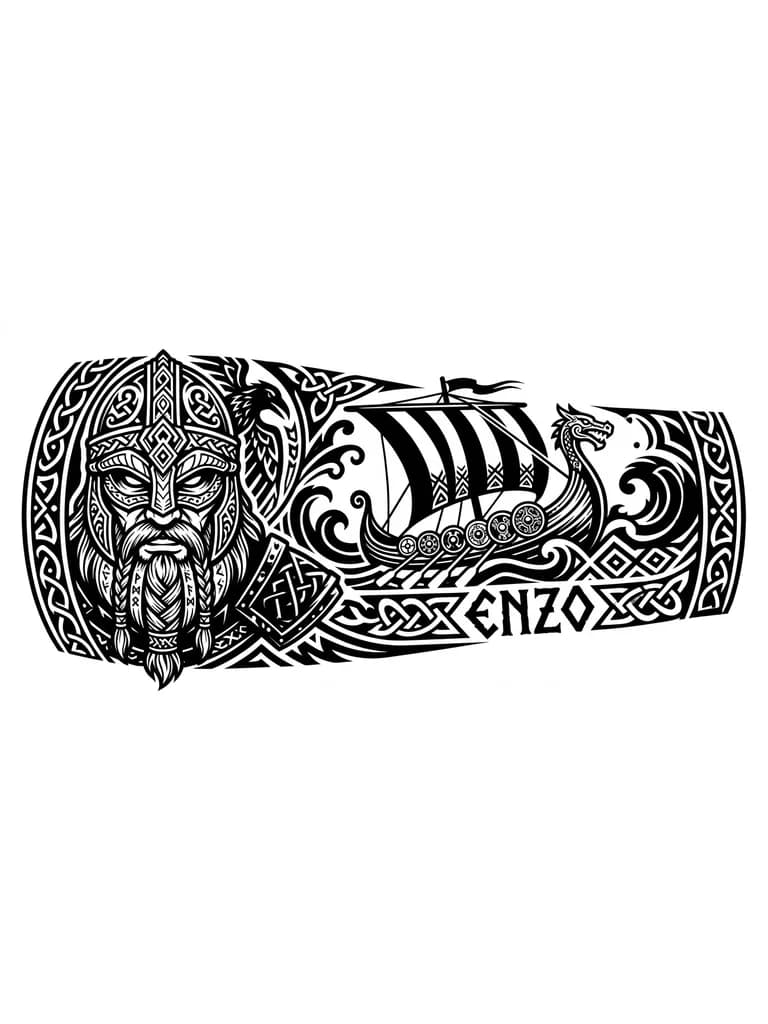 Тату эскиз: Quiero un tatuaje que cubra la parte externa de mi antebrazo, que tenga una cara de un vikingo y barco vikingo 