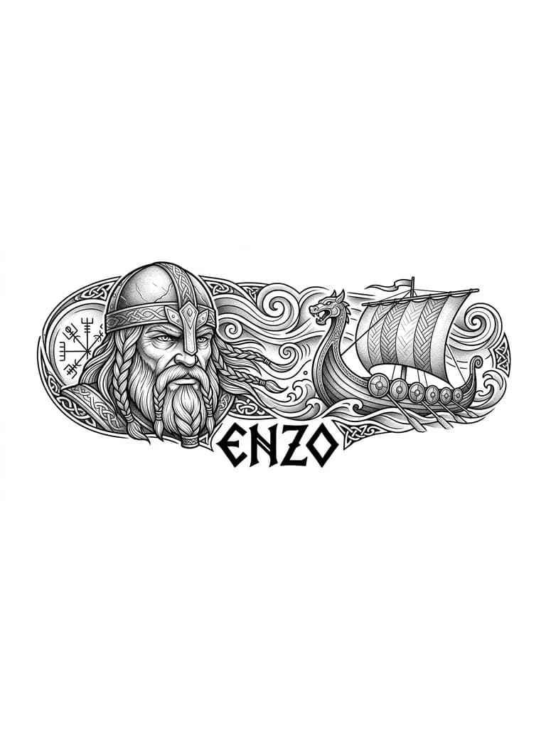 Тату эскиз: Quiero un tatuaje que cubra la parte externa de mi antebrazo, que tenga una cara de un vikingo y barco vikingo  estilo realista 