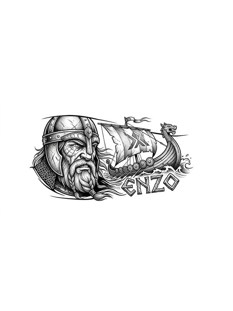 Тату эскиз: Quiero un tatuaje que cubra la parte externa de mi antebrazo, que tenga una cara de un vikingo y barco vikingo  estilo realista 