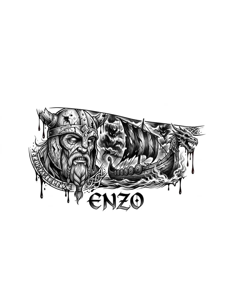 Тату эскиз: Quiero un tatuaje que cubra la parte externa de mi antebrazo, que tenga una cara de un vikingo y barco vikingo  estilo realista 