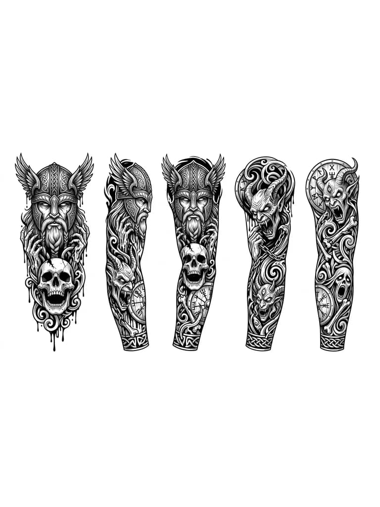 Тату эскиз: Tatuaje de manga completa en estilo realista black & grey, con un guerrero vikingo de expresión seria, barba larga y casco ornamentado con alas. Detalles metálicos y grabados nórdicos intrincados. Sostiene una reliquia tipo cráneo. Fondo con patrones nórdicos fluidos que rellenan el brazo. Iluminación dramática, alto contraste, sombreado suave y estilo hiperrealista.