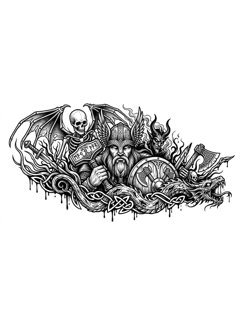 Тату эскиз: Tatuaje de manga completa en estilo realista black & grey, con un guerrero vikingo de expresión seria, barba larga y casco ornamentado con alas. Detalles metálicos y grabados nórdicos intrincados. Sostiene una reliquia tipo martillo de Thor Fondo con patrones nórdicos fluidos que rellenan el brazo. Iluminación dramática, alto contraste, sombreado suave y estilo hiperrealista.
