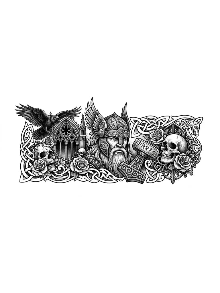 Тату эскиз: Tatuaje de manga completa en estilo realista black & grey, con un guerrero vikingo de expresión seria, barba larga y casco ornamentado con alas. Detalles metálicos y grabados nórdicos intrincados. Sostiene una reliquia tipo martillo de Thor Fondo con patrones nórdicos fluidos que rellenan el brazo. Iluminación dramática, alto contraste, sombreado suave y estilo hiperrealista.