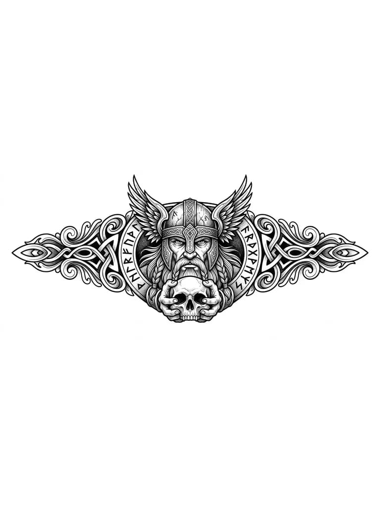 Тату эскиз: Tatuaje manga completa black & grey hiperrealista: rostro de guerrero vikingo con expresión intensa, barba larga y detallada, casco con alas grandes y grabados nórdicos finos. Textura metálica pulida. Debajo, sostiene un cráneo tallado con ambas manos. Composición vertical fluida con ornamentos nórdicos envolventes. Sombras profundas, alto contraste, iluminación dramática, acabado de tatuaje profesional sobre piel real.