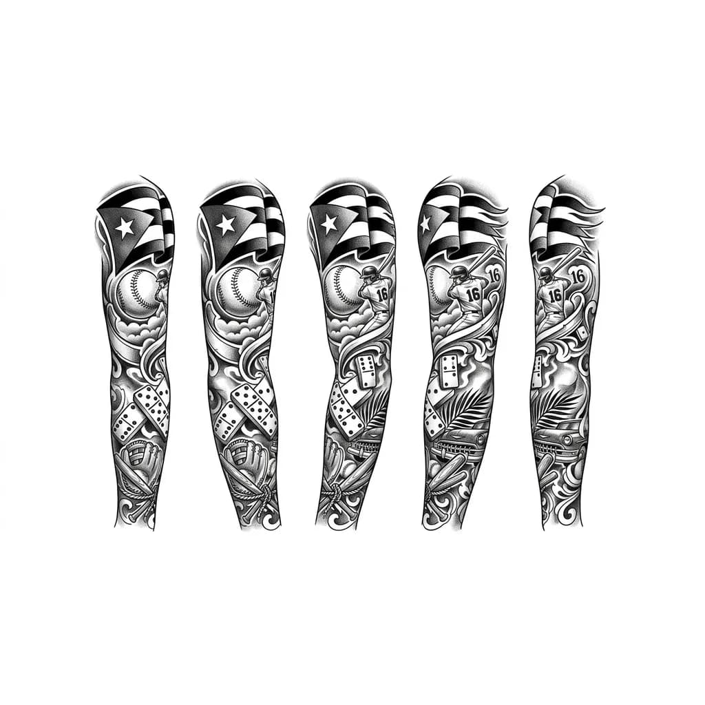 Тату эскиз: Un tatuaje de manga completa que lleve algo alusivo a béisbol, la bandera de cuba, el juego de domino y el número 16 