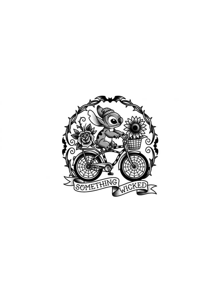 Тату эскиз: Crea dos diseños de tatuajes con las siguientes características: 1. Que sea del mundo de tim burton, combina las películas de el cadáver de la novia, el extraño mundo de Jack, frankenwinnie, bettlejuice y todas las demás 2. Crea un stitch con una bici y unas flores como un girasol y una rosa, ya sea que estás estén en una canastilla o las este sosteniendo stitch
