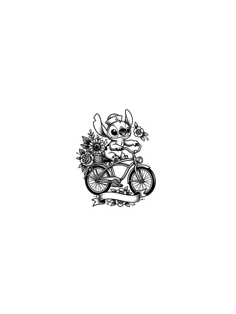 Тату эскиз:  Crea un stitch que vaya en una bici y que tenga unas flores como un girasol y una rosa, ya sea que estás estén en una canastilla o las este sosteniendo stitch