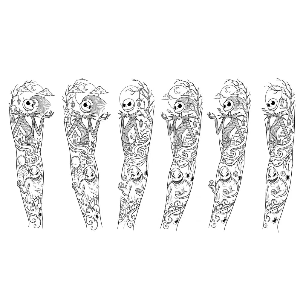 Тату эскиз: Crea diseño de tatuaje con las siguientes características: 1. Que sea del mundo de tim burton, de el extraño mundo de Jack, que sobre salgan Jack y Oogie Boggie 