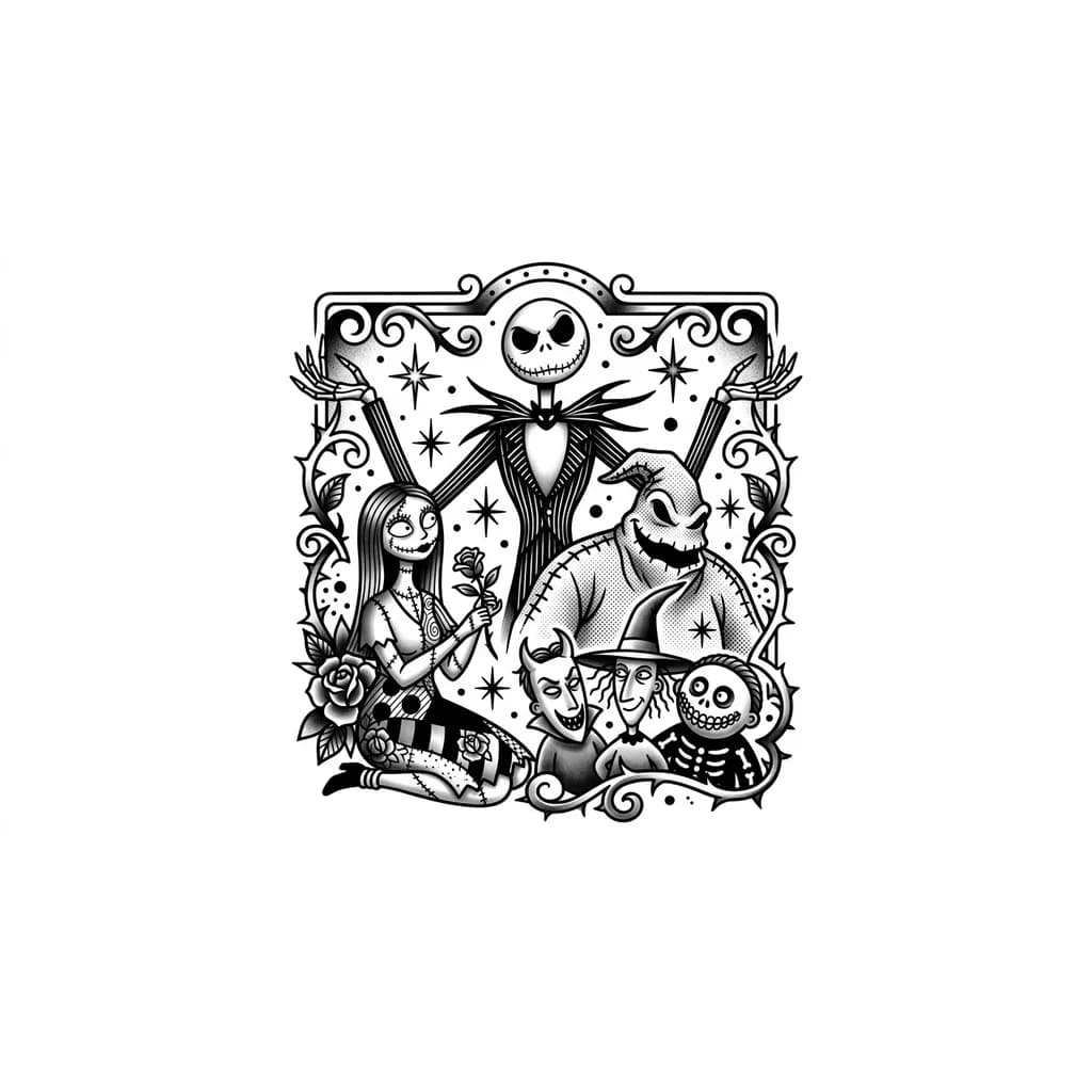 Тату эскиз: Crea diseño de tatuaje con las siguientes características: 1. Que sea del mundo de tim burton, de el extraño mundo de Jack, que sobre salgan Jack, Oogie Boggie, Sally y los niños de las mascaras