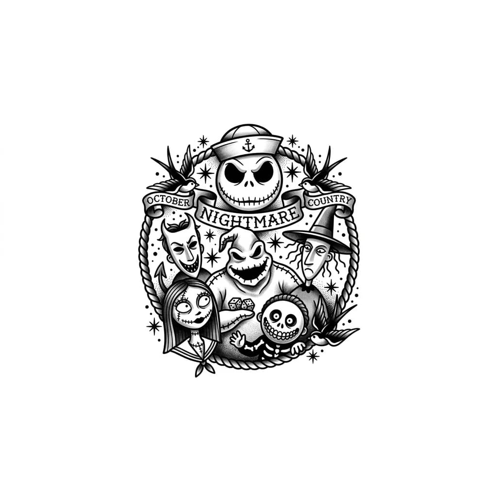 Тату эскиз: Crea diseño de tatuaje con las siguientes características: 1. Que sea del mundo de tim burton, de el extraño mundo de Jack, que sobre salgan Jack, Oogie Boggie, Sally y los niños de las mascaras