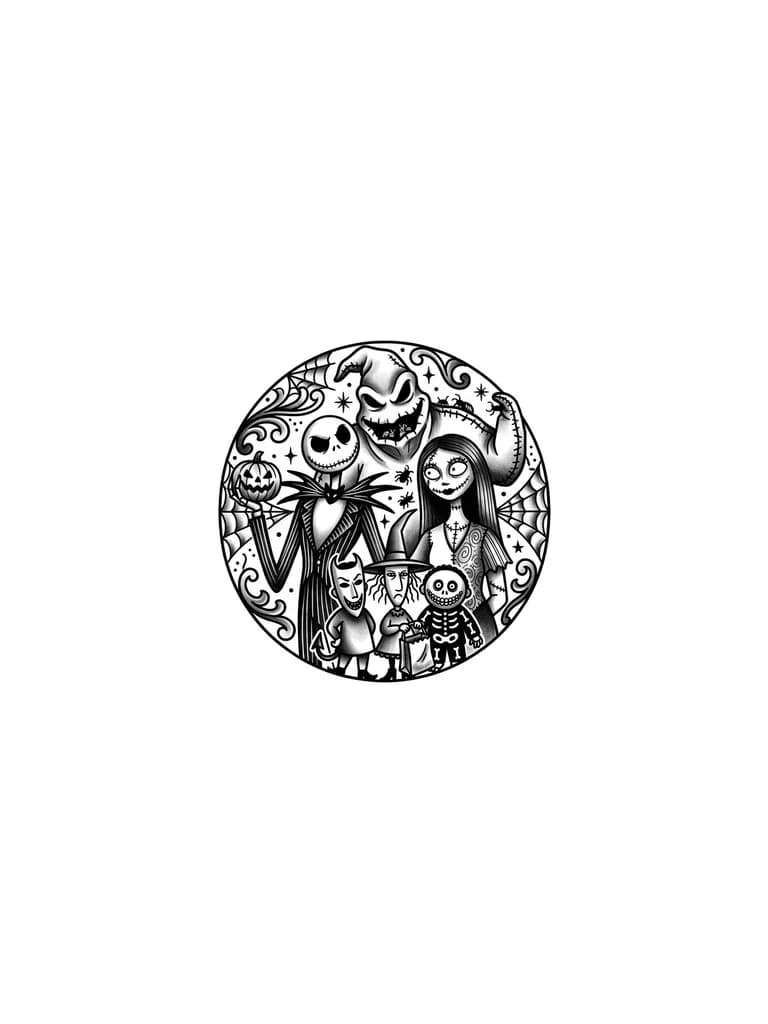 Тату эскиз: Crea diseño de tatuaje con las siguientes características: 1. Que sea del mundo de tim burton, de el extraño mundo de Jack, que sobre salgan Jack, Oogie Boggie, Sally y los niños de las mascaras