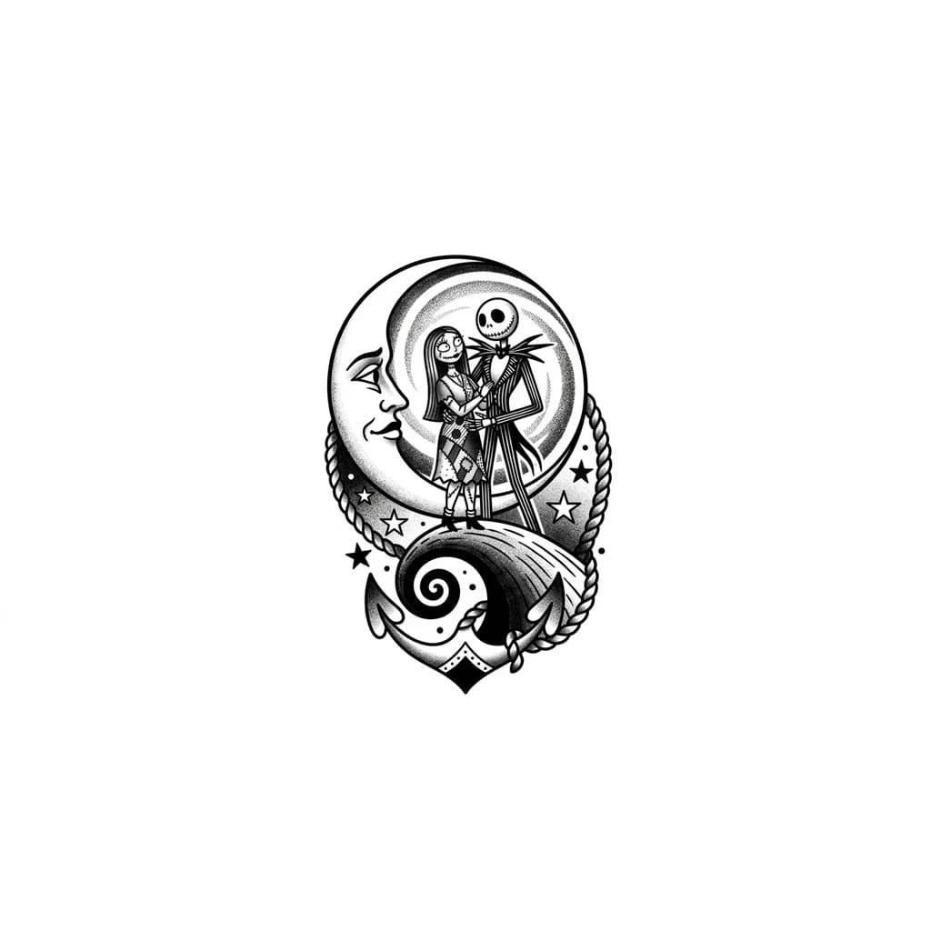 Тату эскиз: Crea un diseño de tatuaje con las siguientes características: 1. Que sea del mundo de tim burton, de el extraño mundo de Jack, que sobre salgan Jack y sally, como en la escena de la luna
