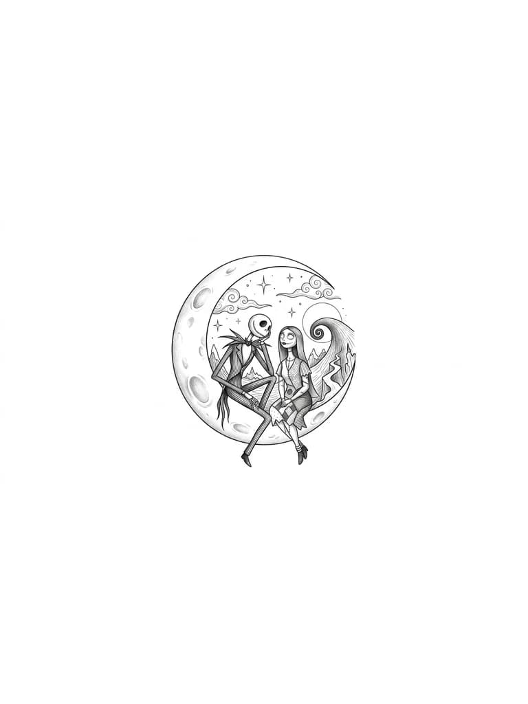 Тату эскиз: Crea un diseño de tatuaje con las siguientes características: 1. Que sea del mundo de tim burton, de el extraño mundo de Jack, que sobre salgan Jack y sally, como en la escena de la luna