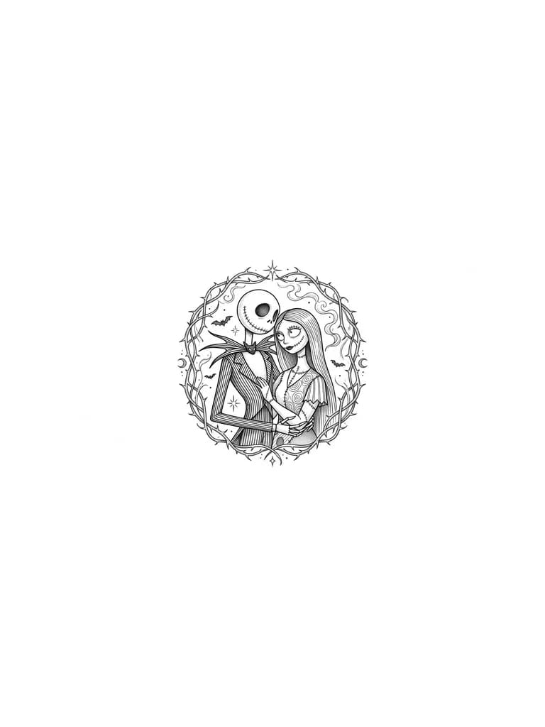 Тату эскиз: Crea un diseño de tatuaje con las siguientes características: 1. Que sea del mundo de tim burton, de el extraño mundo de Jack, que sobre salgan Jack y sally
