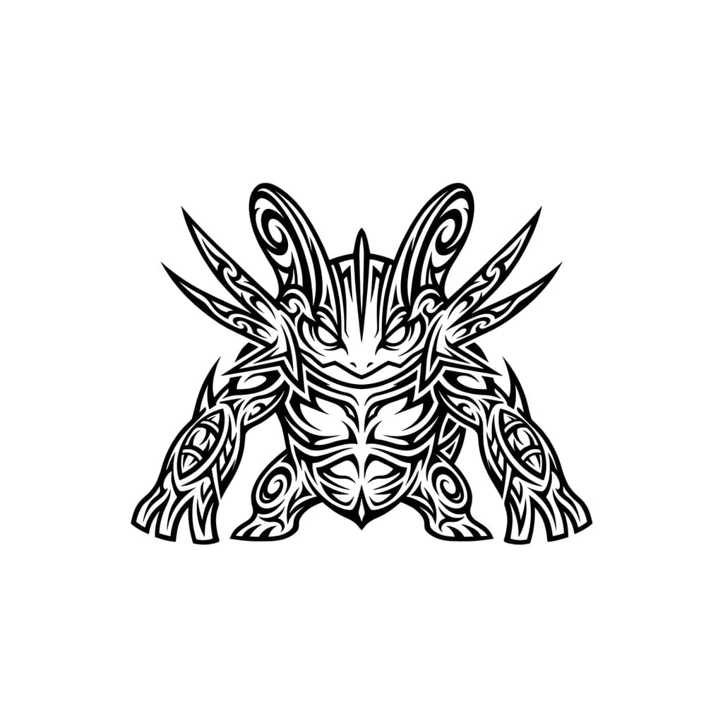 Тату эскиз: Tribal Swampert tattoo design, blackwork style, Polynesian/Maori tribal fusion, aggressive and powerful look. Swampert centered, front-facing with slight tilt, eyes white and pupil-less, expression fierce. Body formed entirely by flowing tribal lines instead of solid fill. Thick and thin black curves with sharp pointed edges, high contrast, clean negative space Head fins extended into long tribal spikes. Muscular chest represented with symmetrical tribal armor-like patterns Arms