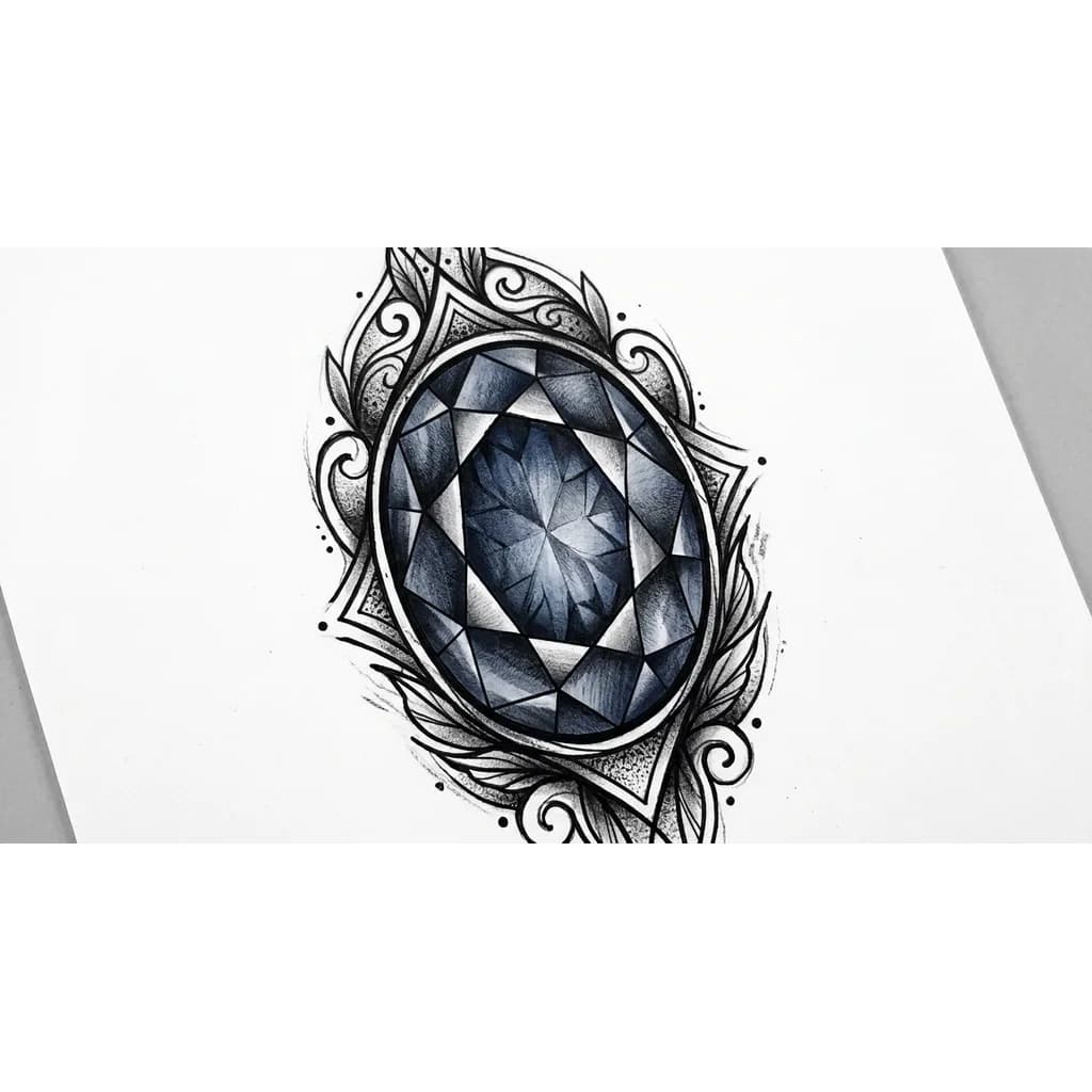 Тату эскиз: Tatuaje de un zafiro, ya sea medio redondo u ovalado. Con toques de sombras bien definidos que den profundidad. No quiero a colores. Solo negros y grises. 