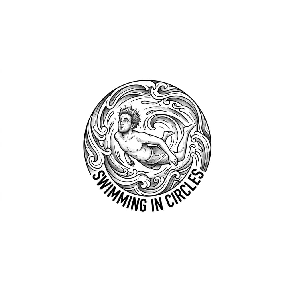 Тату эскиз: Quiero un tatuaje que refleje la idea “Swimming in circles” de Mac miller. No quiero imágenes animadas, quiero algo realista. No me gustan las letras curveadas, pero si las haces en un diseño de un círculo puede quedar bien. Eso sí, con un contorno bien definido, no me gustan las letras con líneas delgadas. No algo muy grande, sencillo pero que refleje la idea del título y lo que Mac Miller transmitió en esos dos álbumes 