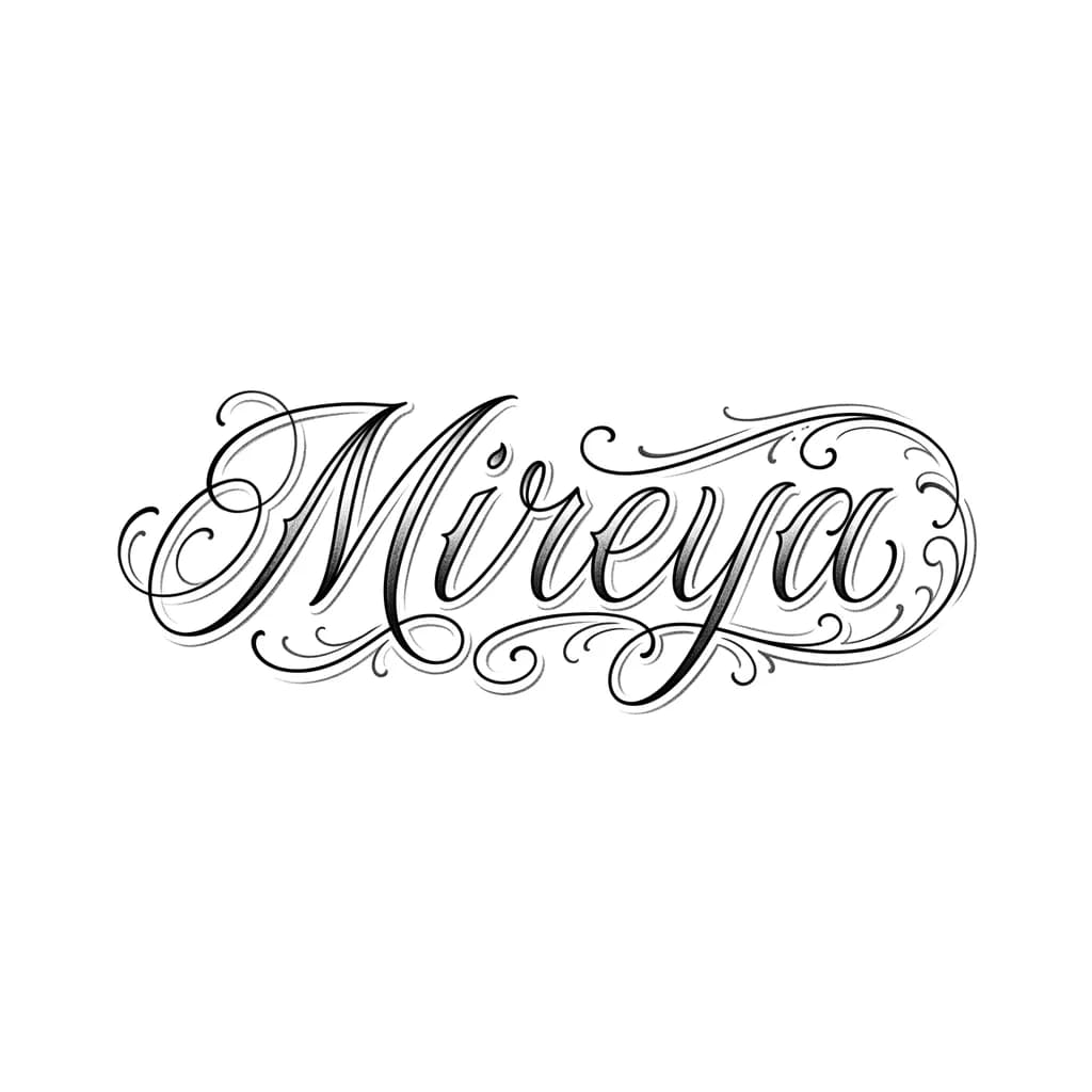 Тату эскиз: Quiero el nombre Mireya para tatuar con letra fina y elegante con un poco de sombra
