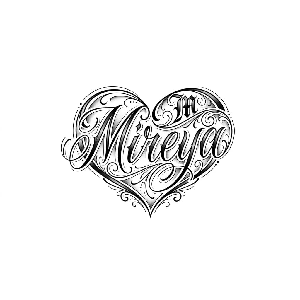 Тату эскиз: Quiero el nombre Mireya para tatuar con letra fina y elegante con un poco de sombra k la y haga forma de corazon mete más líneas

