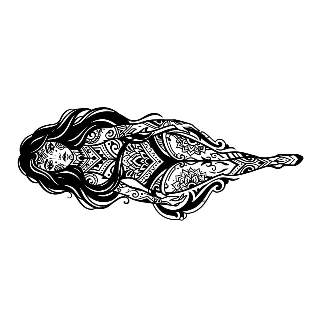 Тату эскиз: Verrate an fullbody Image of an pretty Woman with black Hair 