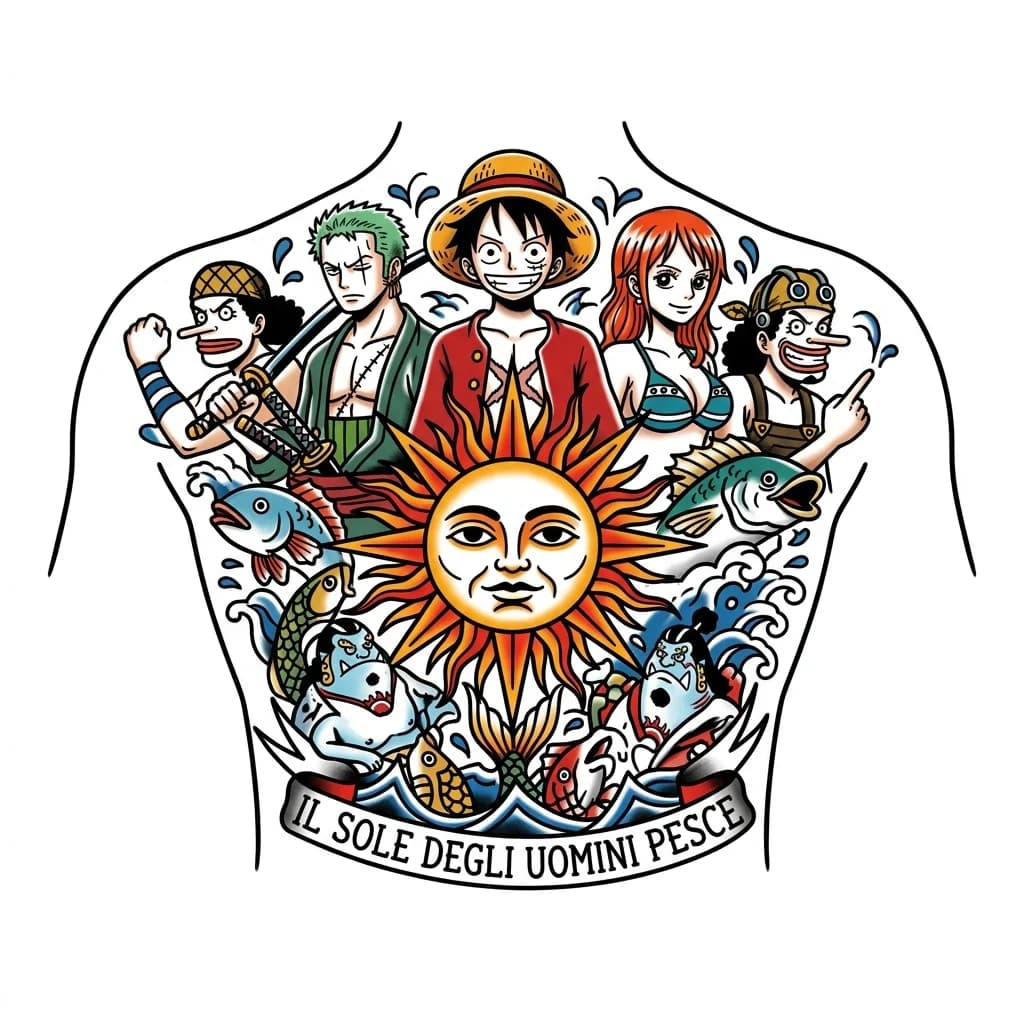 Тату эскиз: Il sole degli uomini pesce personaggi del manga One Piece,. In stile realista
