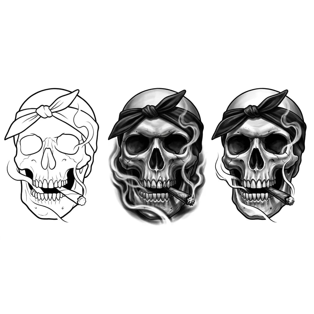 Тату эскиз: “Aggressive chicano realistic tattoo, black and grey skull smoking a marijuana blunt, 3/4 face angle, menacing expression, black bandana on forehead, sinister smoke effects swirling around the skull, deep shadows, high contrast, strong highlights, realistic bone texture, cracked teeth, dark lowrider street aesthetic, smooth gradients, minimal linework, hyper realistic tattoo shading, tattoo-ready composition.”