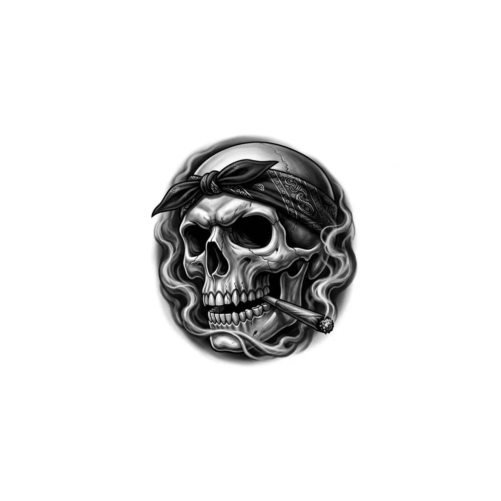 Тату эскиз: Aggressive chicano gangster realistic tattoo design in black and grey of a human skull viewed at a 3/4 face angle, with a menacing expression. The skull is smoking a  marijuana blunt with glowing ash, while thick sinister smoke effects swirl aggressively around the face skull. A black bandana is tied around the forehead in classic street gang style. Deep hollow eye sockets, threatening grin, highly detailed cracked teeth and realistic bone texture. Dramatic noir cinematic lighting with ult