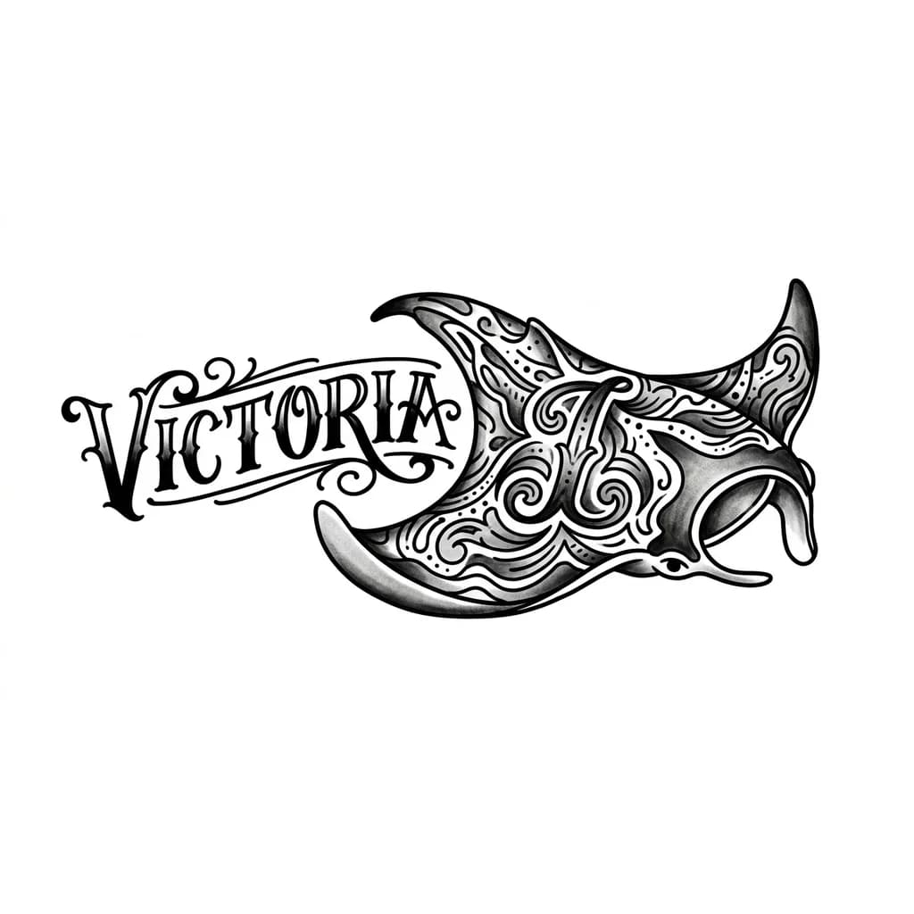 Тату эскиз: Quiero el nombre Victoria y a lado del nombre quiero una manta raya y dentro de ella la inicial I pero que no se vea tanto que es una inicial.