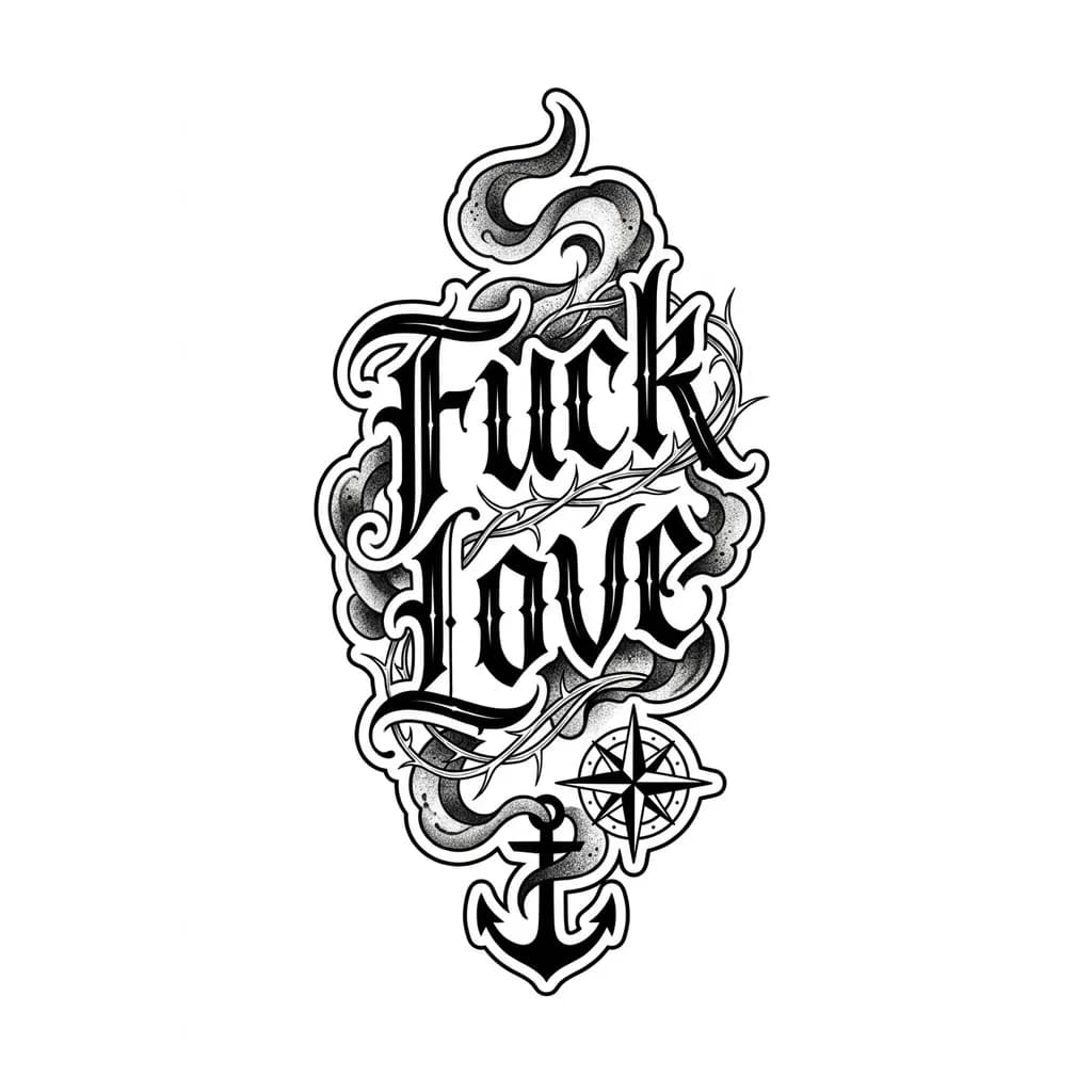 Тату эскиз: Diseño de tatuaje para cuello masculino, texto “FUCK LOVE” inspirado en la tipografía del logo de Barderos, estilo gothic blackwork elegante, sombras suaves, detalles de humo oscuro y espinas finas alrededor, composición vertical para costado del cuello, estética callejera y artística, minimalista pero agresiva, tattoo realistic, black ink only