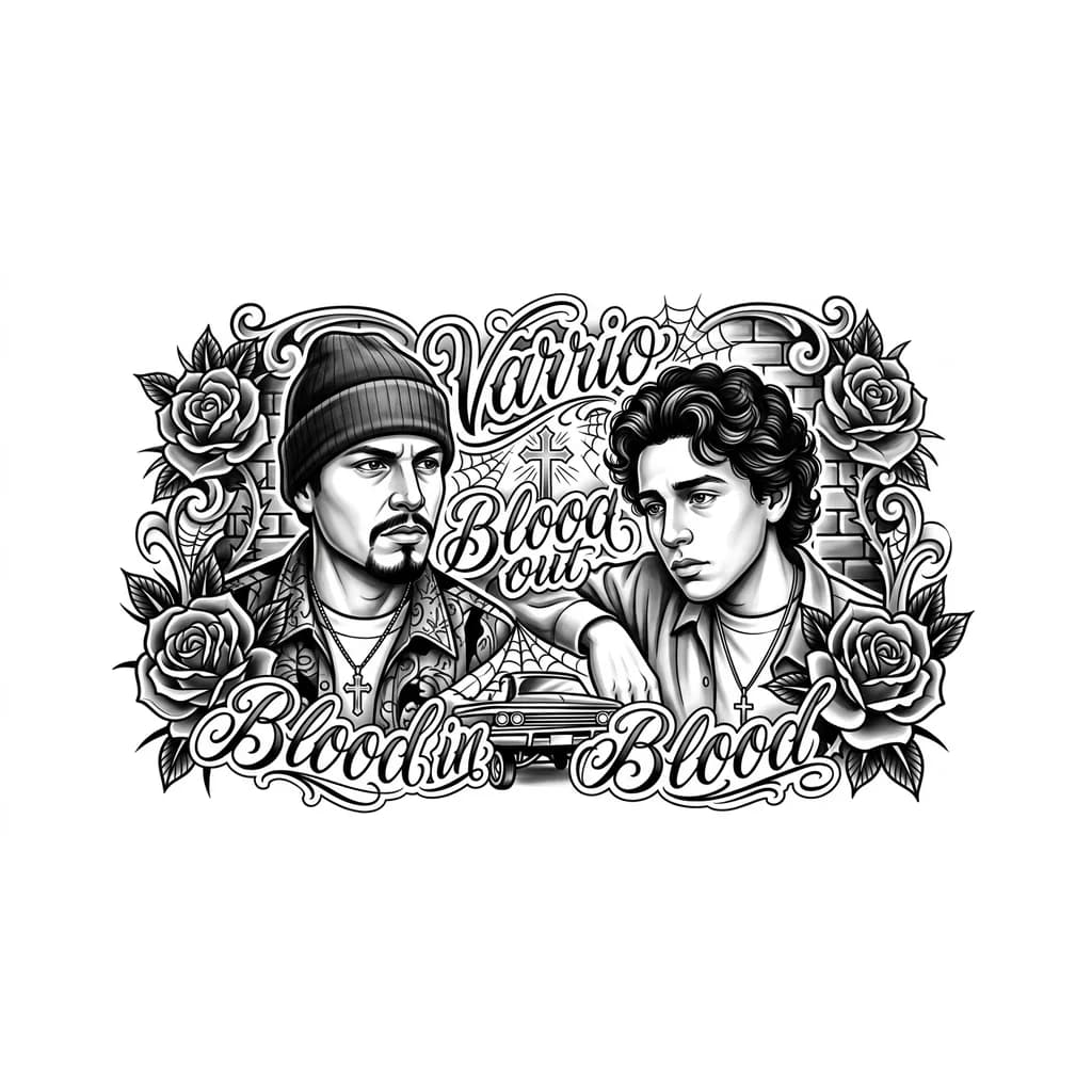 Тату эскиз: Conoces la película sangre por sangre ? Quiero que mi tatuaje sea Paco Aguilar y cruzito juntos con un fondo chicano en realismo 
