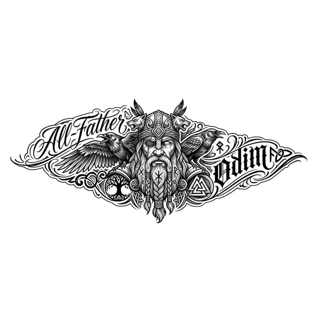 Тату эскиз: Odin the All-Father with one eye, two ravens Huginn and Muninn perched on shoulders, Nordic mythology, detailed beard with intricate patterns, mystical aura, black and white monochrome ink style, tattoo flash sheet illustration, white background, high contrast, clean lines