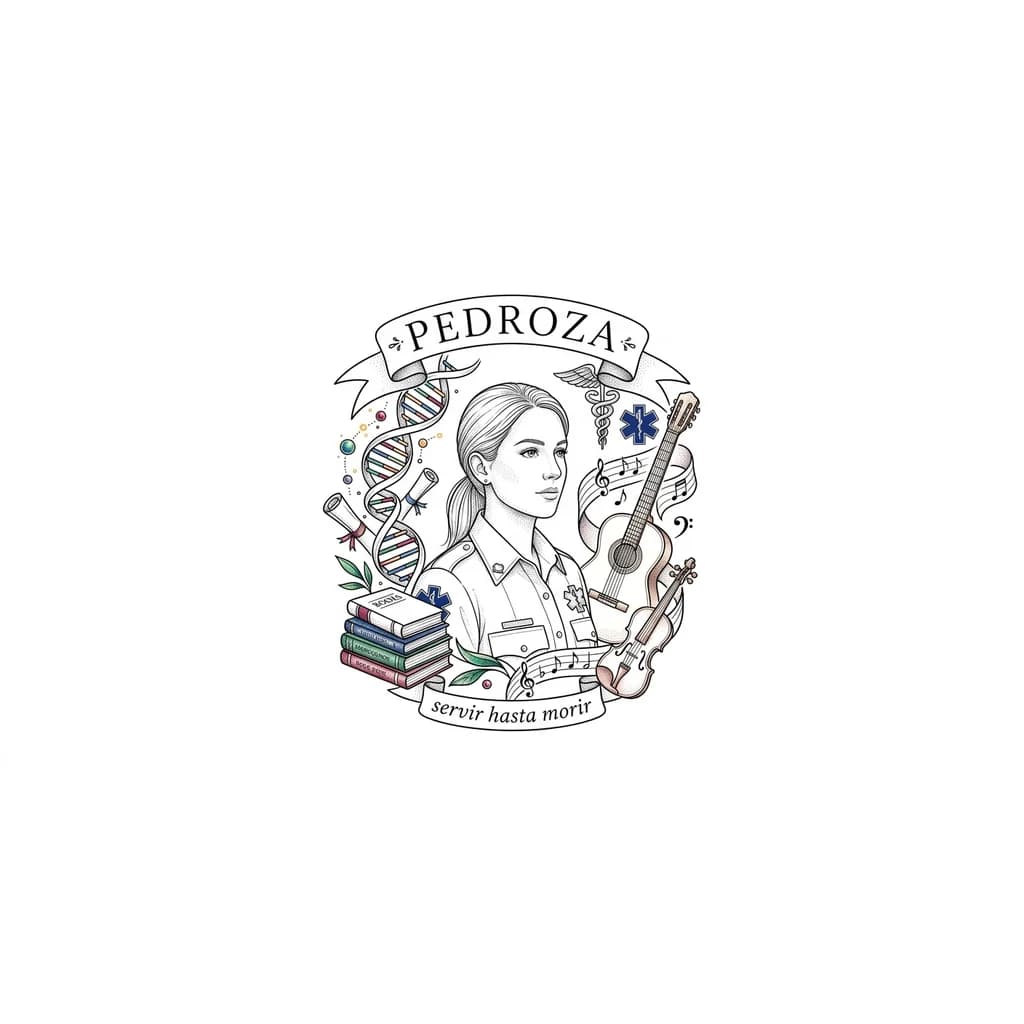 Тату эскиз: Paramédico mujer rodeada de elementos intelectuales y musicales, encabeza apellido “PEDROZA”, al pie en letras más pequeñas la frase “servir hasta morir”