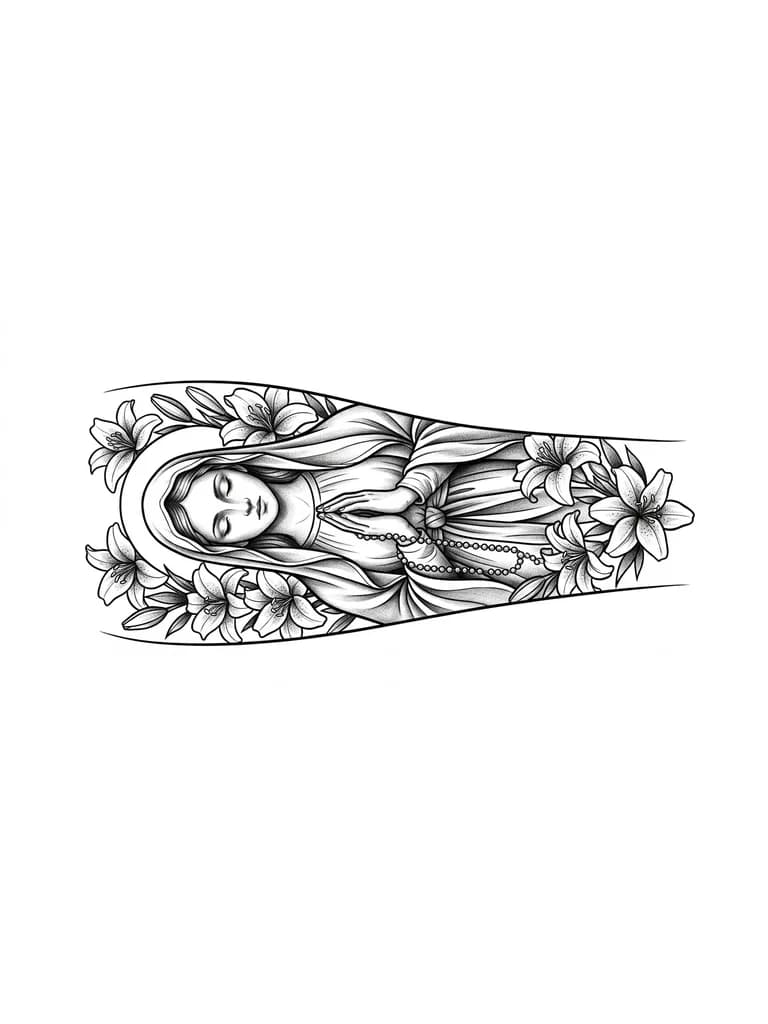 Тату эскиз: la virgen maria rezando con ojos cerrados y un rosario en las manos y rodeada de lirios