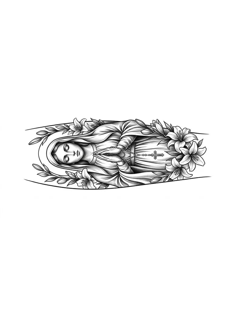 Тату эскиз: la virgen maria rezando con ojos cerrados y un rosario en las manos y rodeada de lirios