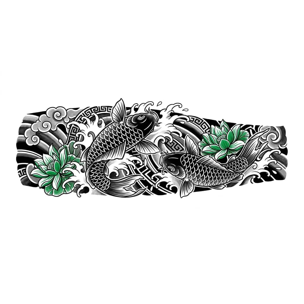 Тату эскиз: Tiene peces koi
1 o 2
Tiene que ser en blanco y negro con contraste color verde llamativo
También tiene flores de loto 
Puede ser otro color que haga contraste como rojo o anaranjado
