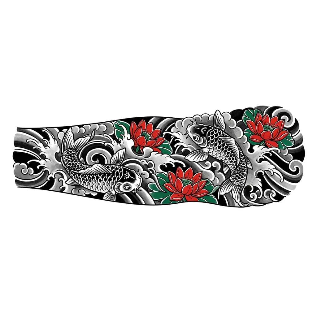 Тату эскиз: Tiene 2 peces koi, los peces no son todo el tatuaje, quiero que tenga fondo y los peces solo la decoración 
Tiene que ser en blanco y negro con contraste color verde llamativo
También tiene flores de loto color que haga contraste como rojo o anaranjado
