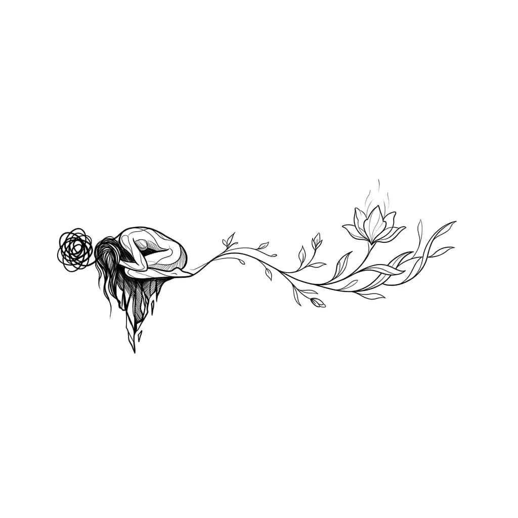 Тату эскиз: diseño de tatuaje sobre relación tóxica y la sanación. Cuando te sientes muy triste y sientes que tocas fondo y que no vas a poder salir de ahí. Pero luego ves que si se puede y consigues renacer y ser feliz poco a poco. que sea femenino. que no sea muy pequeño
