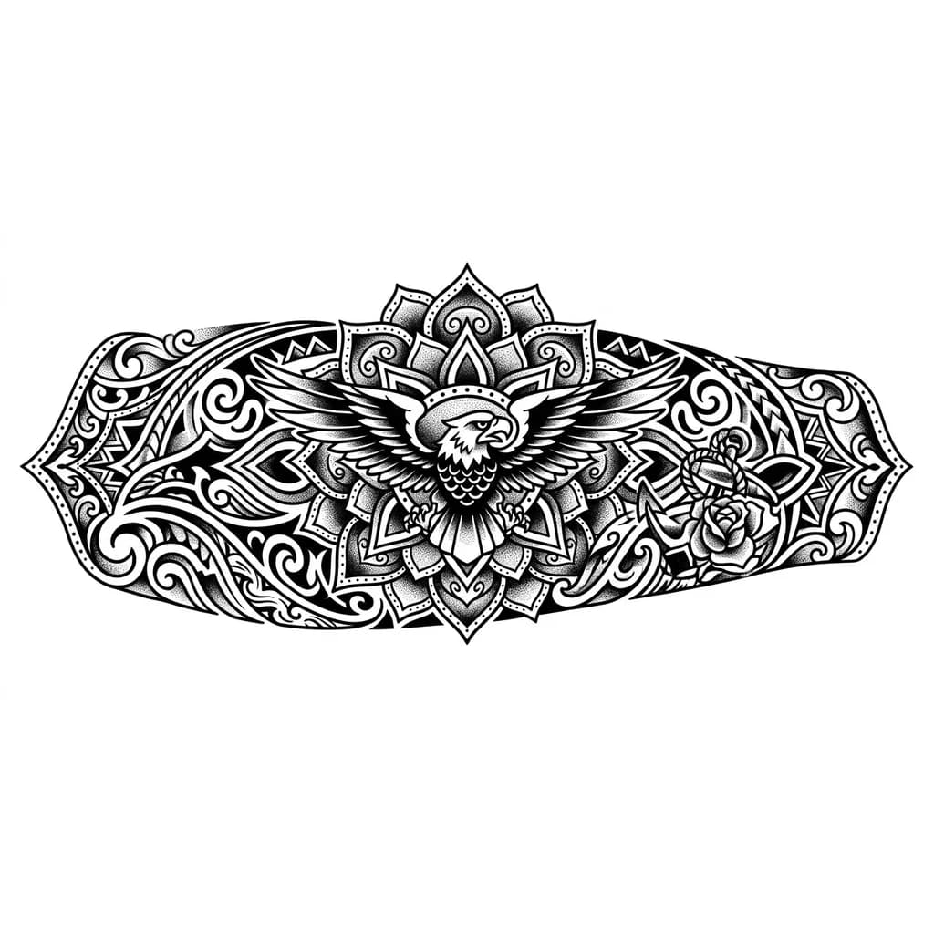 Тату эскиз: Un tatuaje que cubra todo el antebrazo, pero tipo mandala con tribales samoanos.